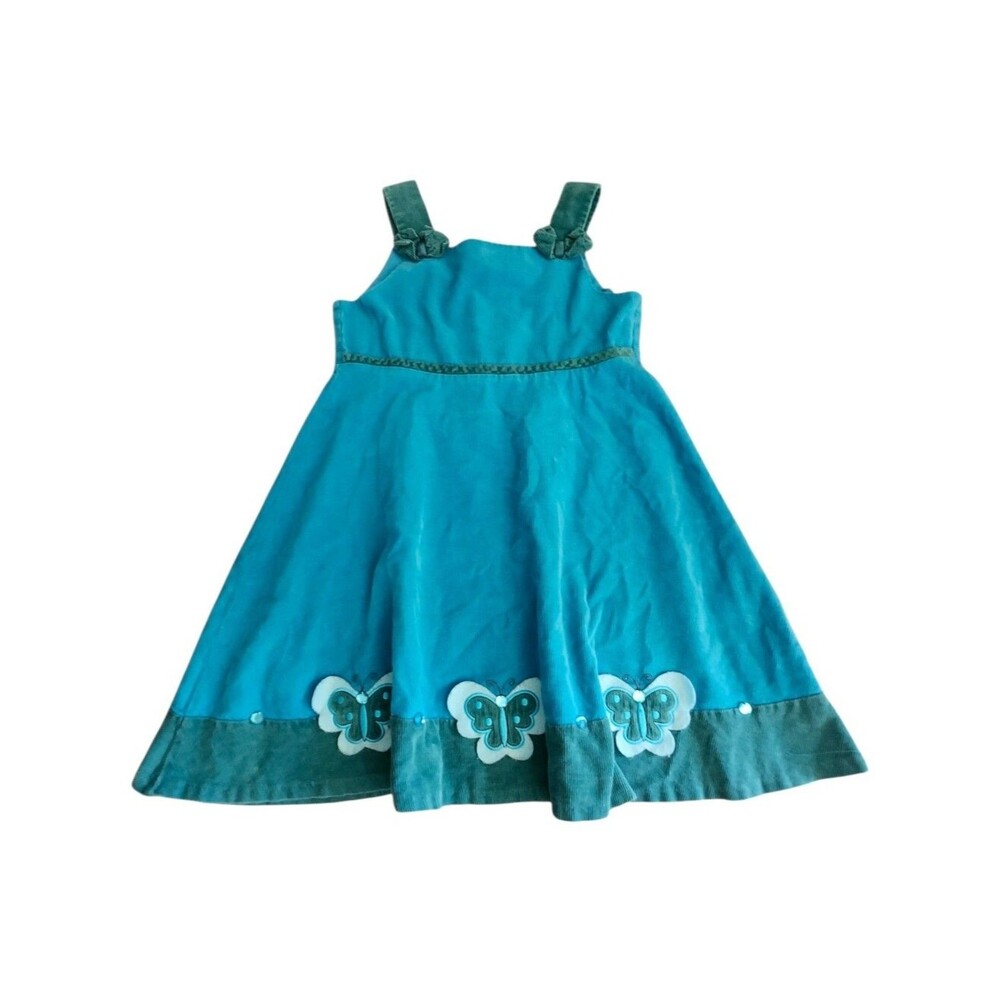 Vintage 90's Rare Too Teal Blue Corduroy Butterfly Applique Jumper Dress. Sz. 6
